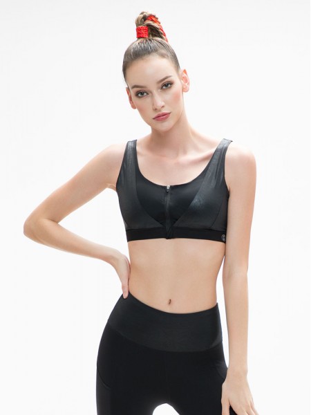 Leather-like Zip-Front Wireless Sports Bra (Cup B-E)