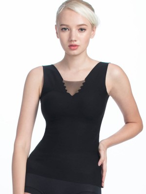 UW-00536, Slimming V-Neck Camisole With Removable Cup, Black, SATAMI  Shapewear, V領修身背心附胸墊, 黑