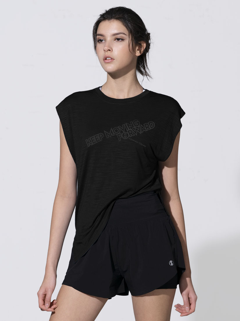 OW09971, Cutout Back Sleeveless Tee Print, Black SATAMI